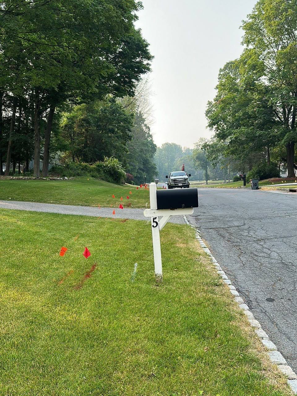 Utility mark-out flags lined across a residential lawn in northern New Jersey before excavation